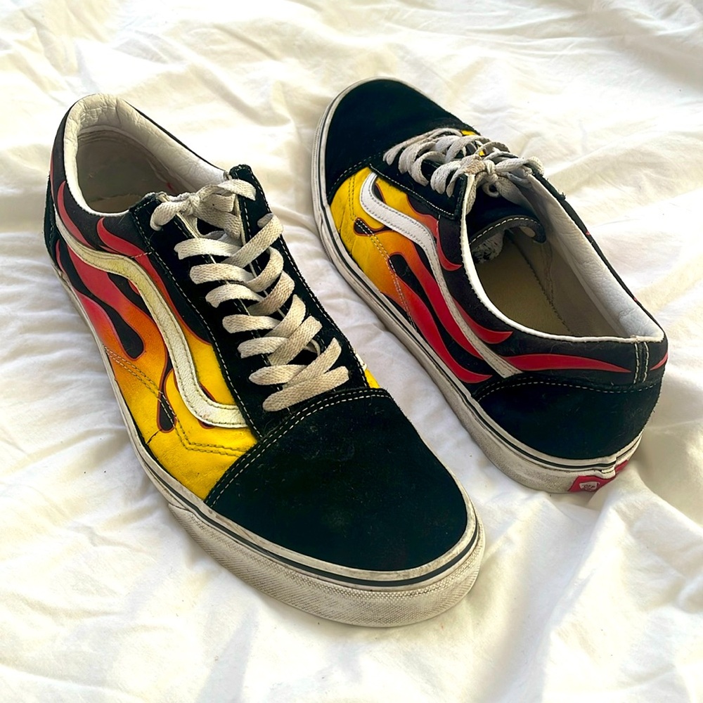 Vans Old Skool Sneakers - Men’s Size 13 - Black Suede Low Fire Flames